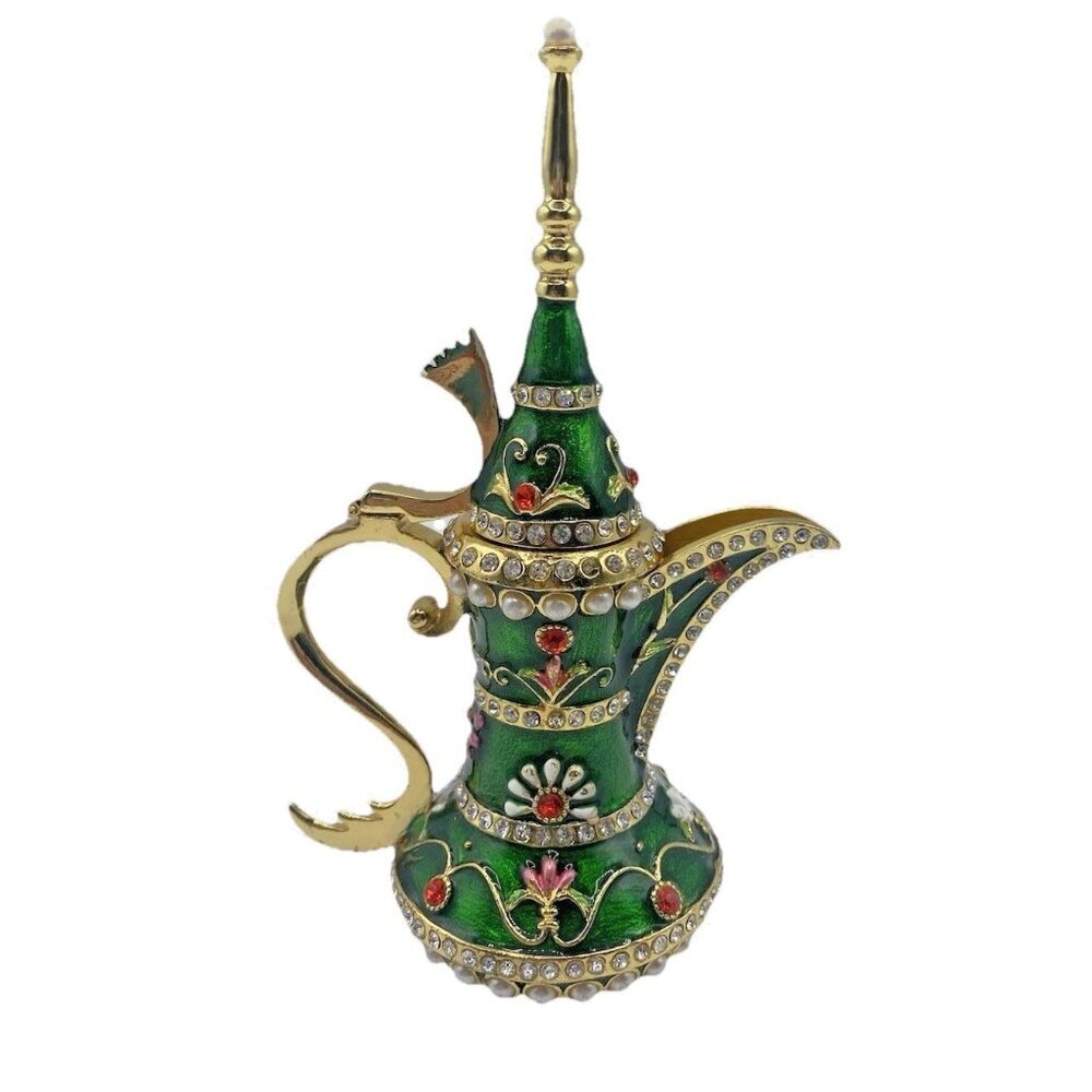 Signed Qifu Green Enamel Jeweled Arabian Nights Trinket Stash Ring Vanity Box